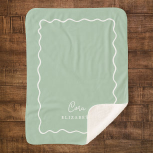 Sage Green Wavy Border Monogrammed Sherpa Blanket