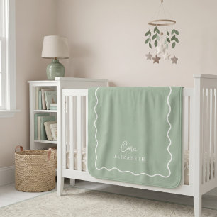 Sage Green Wavy Border Monogrammed Sherpa Blanket