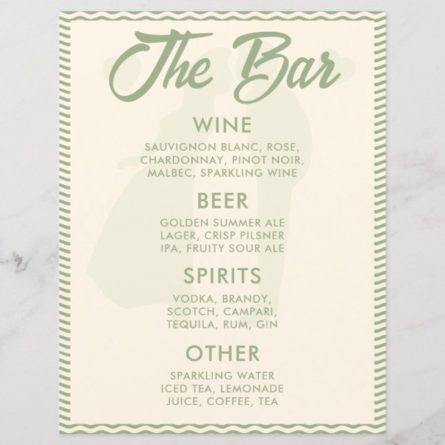 Sage Green Wavy Stripe Bar Menu Wedding Sign (Front)