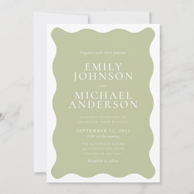 Sage Green Wavy Wedding Invitation (Front)