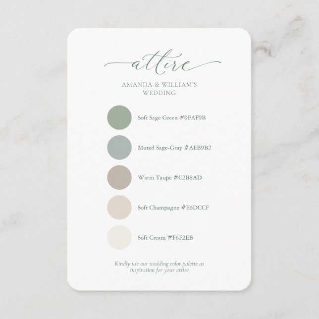 Sage Green Wedding Attire Color Palette Card  (Front)
