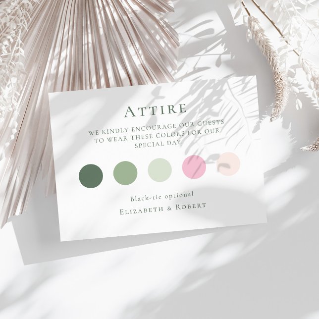 Sage Green Wedding Attire Guest Dress Code Card (Sage Green Wedding Attire Guest Dress Code Card on a sunny boho table with white dry flowers.)