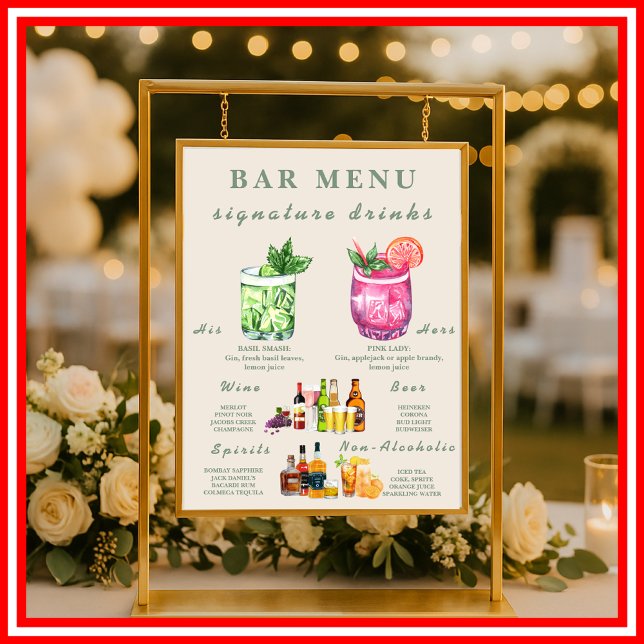 Sage Green Wedding Bar Menu  Poster (Creator Uploaded)