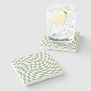 Sage Green Wedding Collection Check Chequered    Stone Coaster
