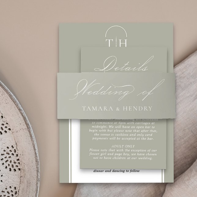 Sage Green Wedding Elegant Calligraphy Invitation Belly Band (Elegant sage green wedding invitation belly bands from my Wedding Colors collection)