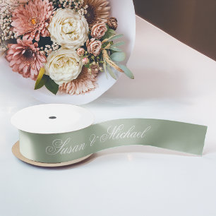 Sage Green Wedding Elegant Script Calligraphy Satin Ribbon