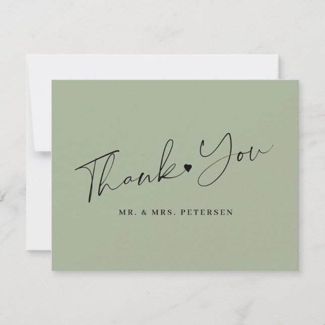 Sage green wedding elegant script thank you card (Front)