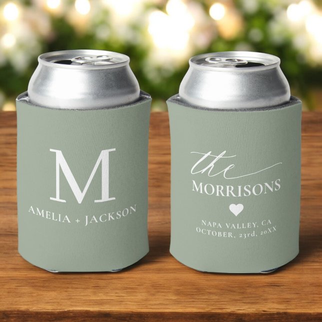 Sage Green Wedding Favour Monogram Name Heart Can Cooler (Creator Uploaded)