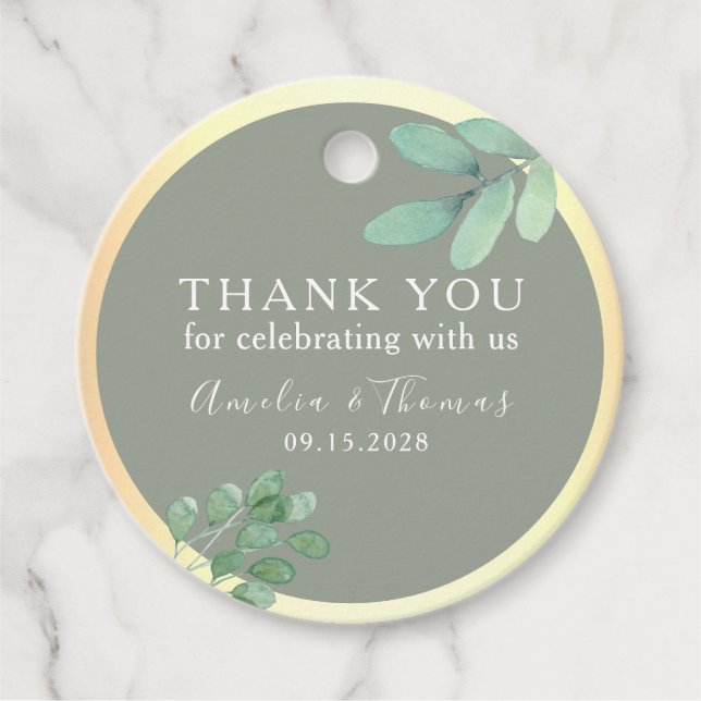 Sage Green Wedding Favour Tag with Greenery (Front)