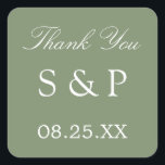 Sage Green Wedding Favour Thank You Sticker<br><div class="desc">Sage Green Wedding Favour Thank You Sticker,  please personalise with initials of the couple and the date of the wedding,  using the online personalisation template before ordering. The simple attractive design printed on the sticker features elegant white text on a lovely sage green colour.</div>