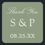 Sage Green Wedding Favour Thank You Sticker<br><div class="desc">Sage Green Wedding Favour Thank You Sticker,  please personalise with initials of the couple and the date of the wedding,  using the online personalisation template before ordering. The simple attractive design printed on the sticker features elegant white text on a lovely sage green colour.</div>