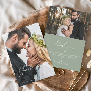 Sage Green Wedding Handwritten Thank You 2 Photos Card