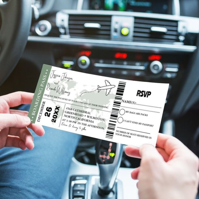 Sage Green Wedding invitation Boarding pass ticket (Creator Uploaded)