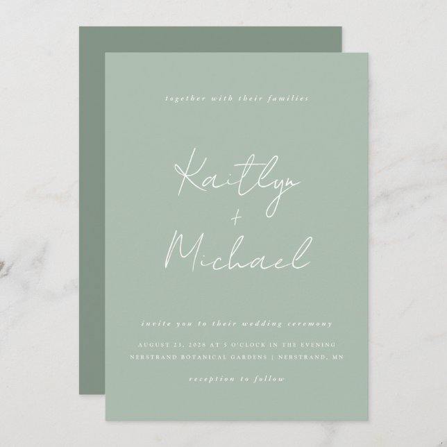 Sage Green Wedding Invitation Modern Handwriting (Front/Back)