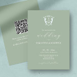 Sage Green Wedding Invitation with QR Code<br><div class="desc">Save on paper and money with this monogram budget wedding invitation with QR code. A simple yet classy design, this wedding invite features both calligraphy typography with a classic sans font in white over sage green background. An elegant pale blue crest frames the bride and groom's initials. The card reverses...</div>