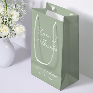 Sage Green Wedding Love & Thanks Script Simple  Small Gift Bag