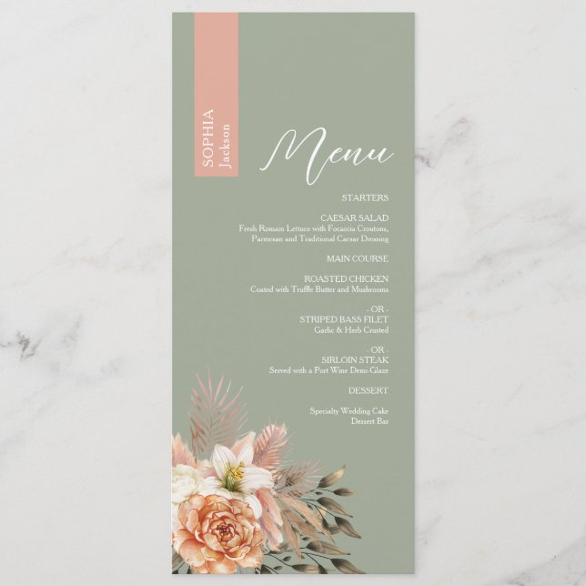 Sage Green Wedding Menu with Guest Name (Front)