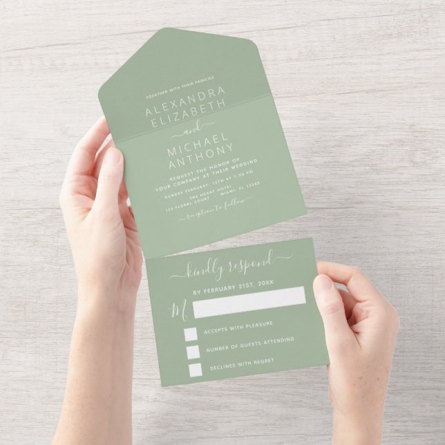 Sage Green Wedding Modern Typography All In One Invitation (Tearaway)