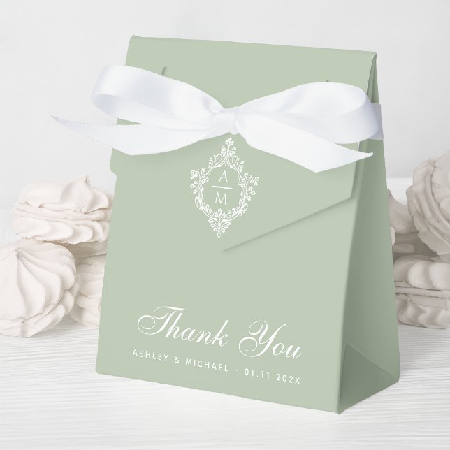 Sage Green Wedding Monogram Crest Thank You Script Favour Box (Creator Uploaded)