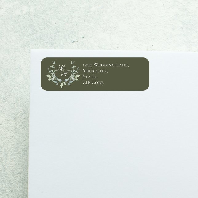 Sage Green Wedding Monogram Floral Script (Olive green floral crest monogram label with script text, modern minimalist wedding look)