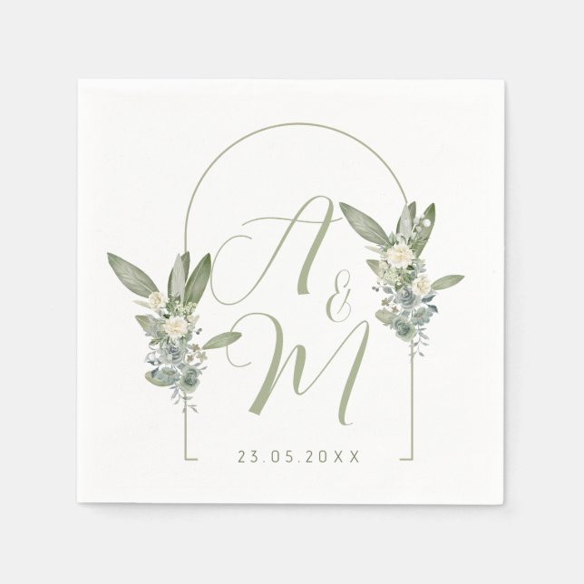 Sage Green Wedding Monogram Initials Date Elegant  Napkin (Front)