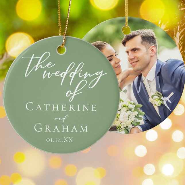 Sage Green Wedding Personalised Photo Christmas Ceramic Tree Decoration (Creator Uploaded)