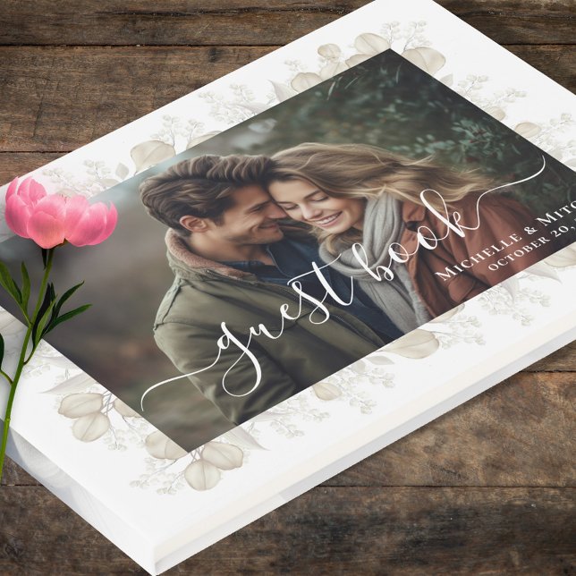 Sage Green Wedding Photo Personalised Guest Book (Wedding guest book with photo template. )