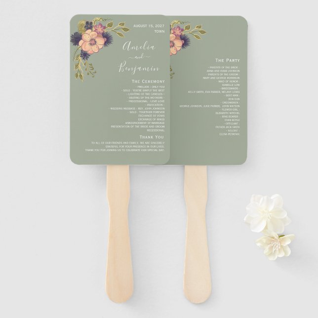 Sage Green Wedding Program Hand Fan (Front and Back)