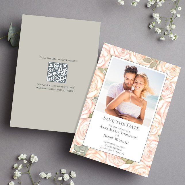 Sage Green Wedding Save the Date Floral Photo (Sage green wedding save the date photo card. With a scannable QR Code Template.)