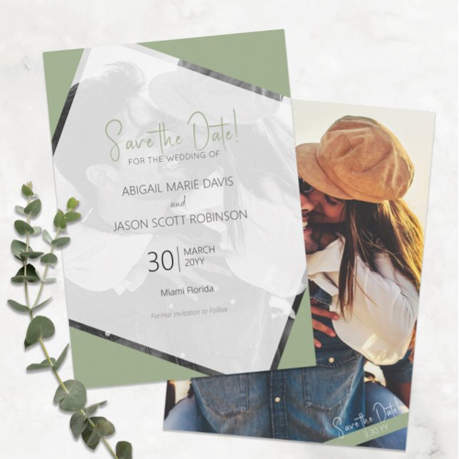 Sage Green Wedding Save the Date with Colour Photo Invitation (Modern Minimalist Sage Green Save the Date with Full Color Engagement Photo )