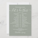 Sage Green Wedding Schedule Timeline Card<br><div class="desc">This stylish sage green wedding schedule timeline can be personalised with your wedding details in chic lettering. Designed by Thisisnotme©</div>