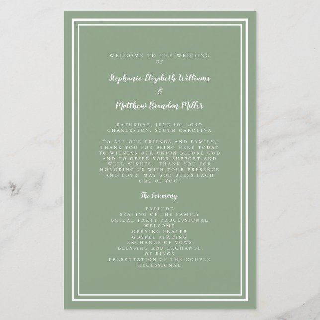 Sage Green Wedding Script Budget Ceremony Program (Front)