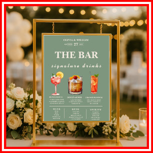 Sage Green Wedding Signature Drinks Bar Menu  Poster