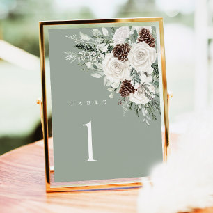 Sage Green Wedding Table Number Winter Floral Pine