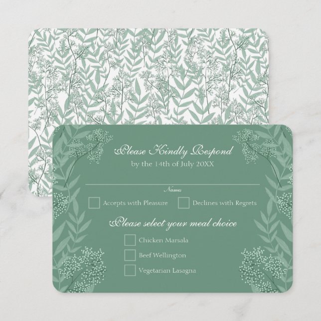  Sage Green Wedding Vintage Botanical RSVP Reply Invitation (Front/Back)