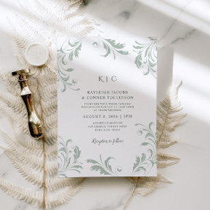 Sage Green Wedding Vintage Elegant Swirly Flourish Invitation