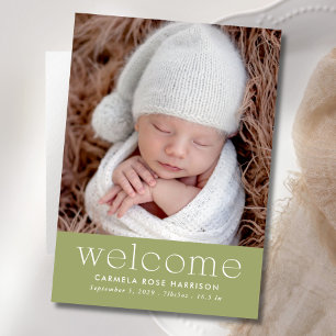 Sage Green Welcome Baby Photo Birth Announcement