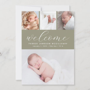 Sage Green Welcome Photo Collage Baby Birth Announcement