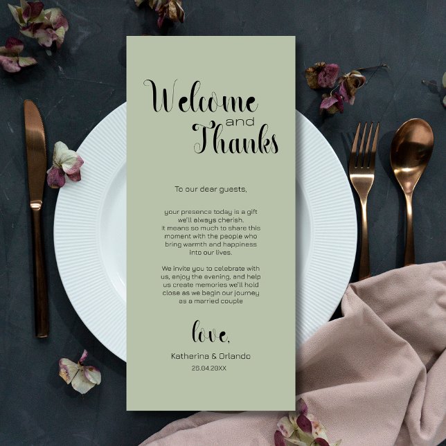 Sage Green Welcome & Thanks Place Setting Cards (Creator Uploaded)