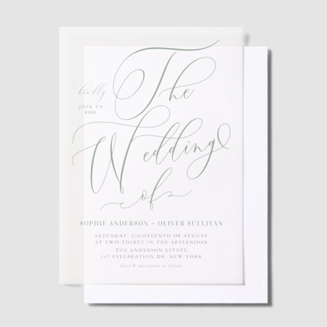 Sage Green Whimsical Calligraphy Wedding Vellum Invitations (Offset)