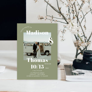 Sage Green White 1 Photo Bold Minimalist Wedding Invitation