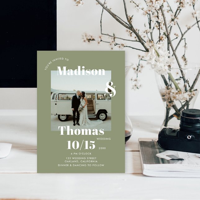 Sage Green White 1 Photo Bold Minimalist Wedding Invitation (Creator Uploaded)