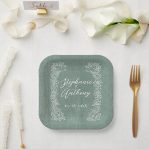 Sage Green White Bird Wildflower Border Pretty Paper Plate