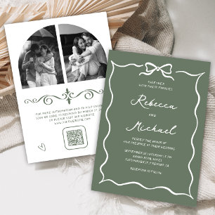 Sage Green White Bow QR Code Photo Wedding Invitation