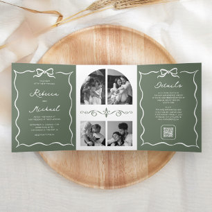 Sage Green White Bow QR Code Photo Wedding Tri-Fold Invitation