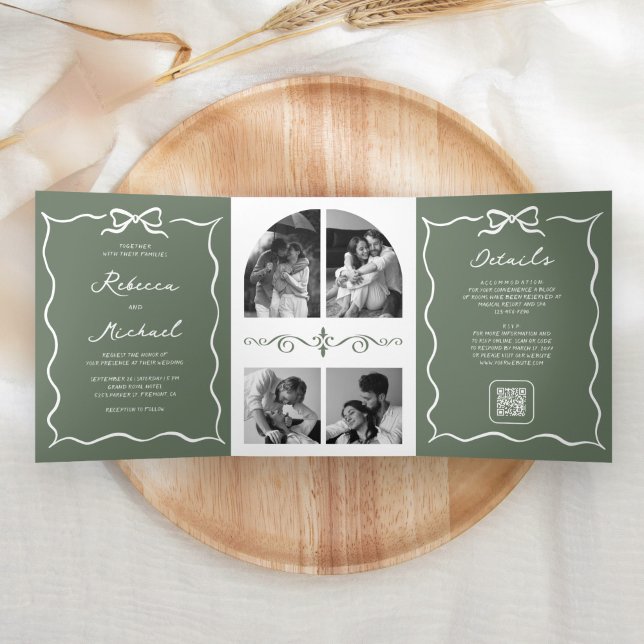 Sage Green White Bow QR Code Photo Wedding Tri-Fold Invitation (Creator Uploaded)