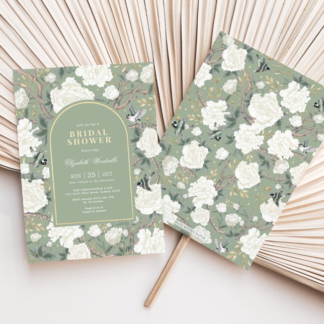 Sage Green White Chinoiserie Floral Bridal Shower Invitation (Creator Uploaded)