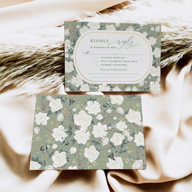 Sage Green White Chinoiserie Floral Wedding RSVP Card (Creator Uploaded)