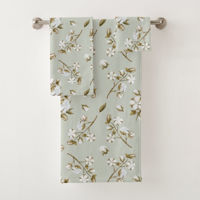 Sage Green & White Cotton Boll Stem Watercolour Bath Towel Set (Insitu)