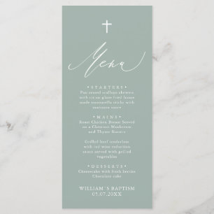 Sage Green White Cross Boy Baptism Menu Card